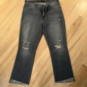MOTHER dark grey black wash distressed crop jeans